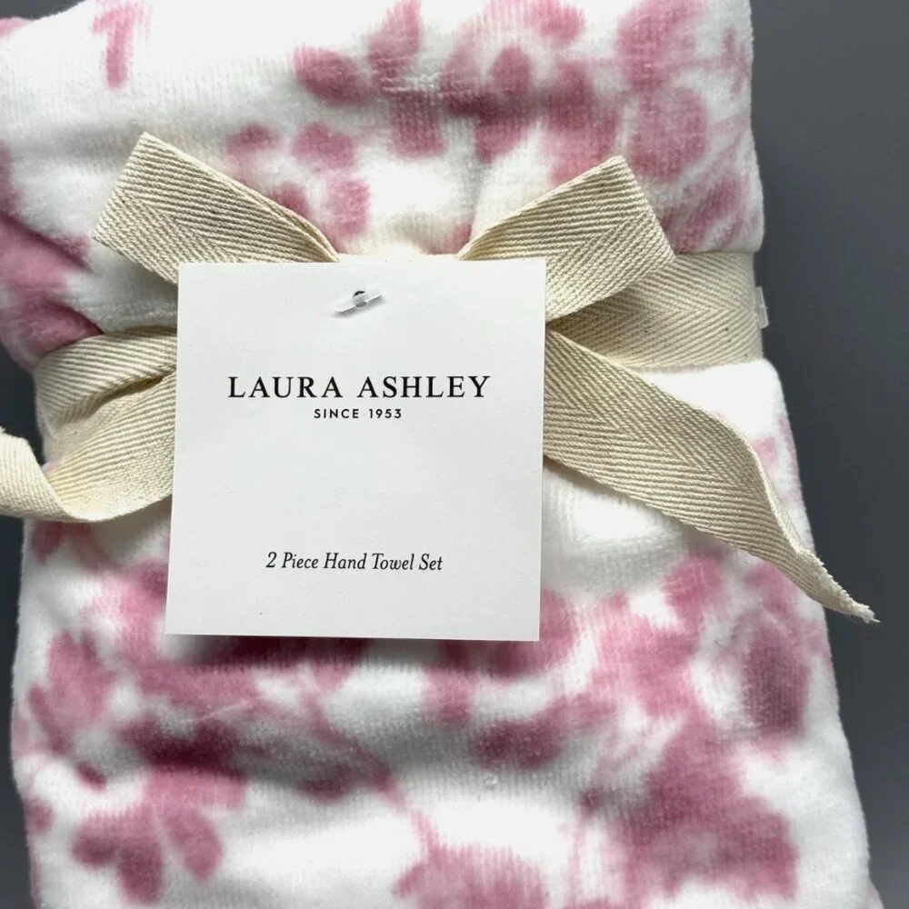 4pc Laura Ashley Pink Toile Floral Velour Bath Hand Towel Set Flowers NEW